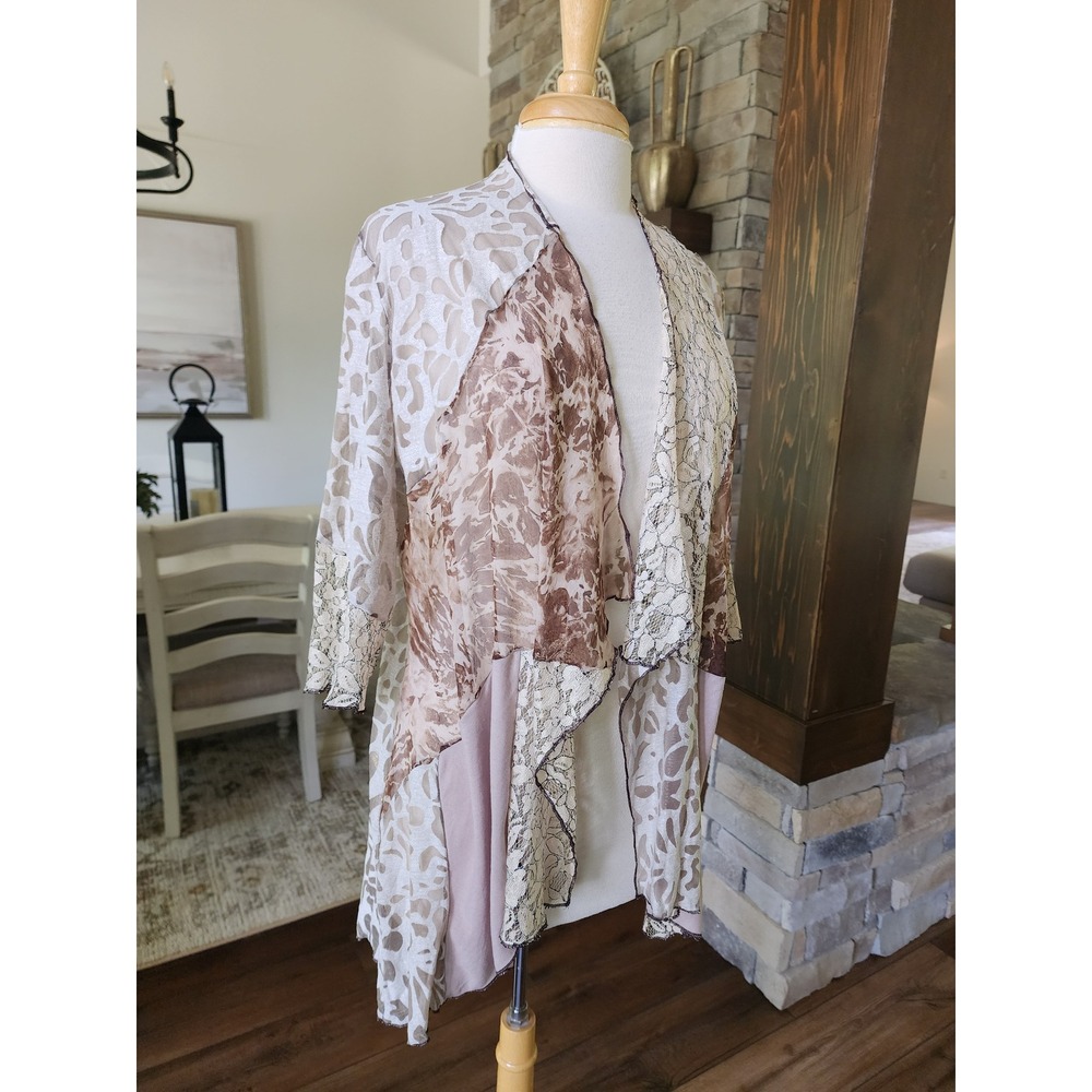 Patchwork‎ Boho Open Front Cardigan Mixed Lace Animal Print Earthy Kimono Jacket
